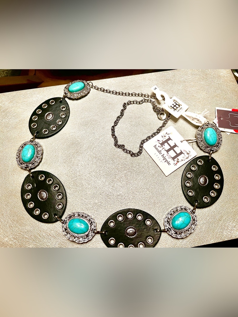 NEW Haute Hippie Silver Chain Belt with Turquoise Detail. Sz Small Adjustable.